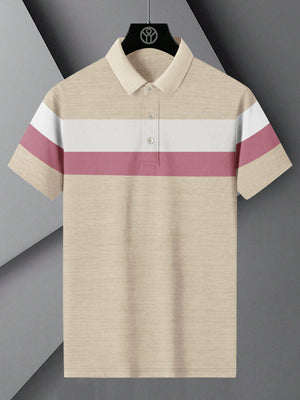 NXT Summer Polo Shirt For Men-Wheat Melange with White & Pink Panel-BE699/BR12952