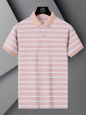 NXT Summer Polo Shirt For Men-Pink Melange with White Stripe-BE892