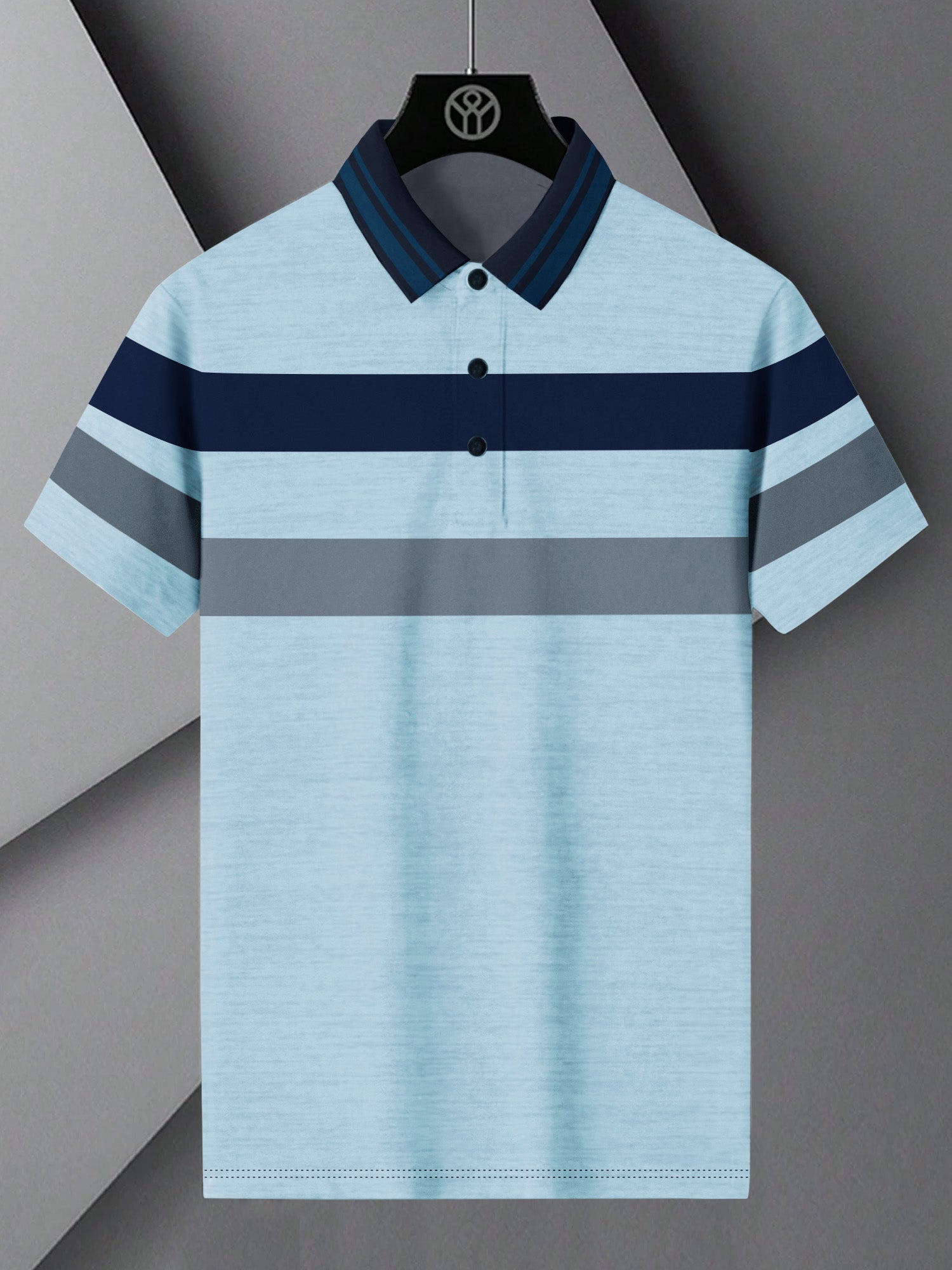 NXT Summer Polo Shirt For Men-Sky Melange with Grey & Navy Stripe-BE725/BR12977