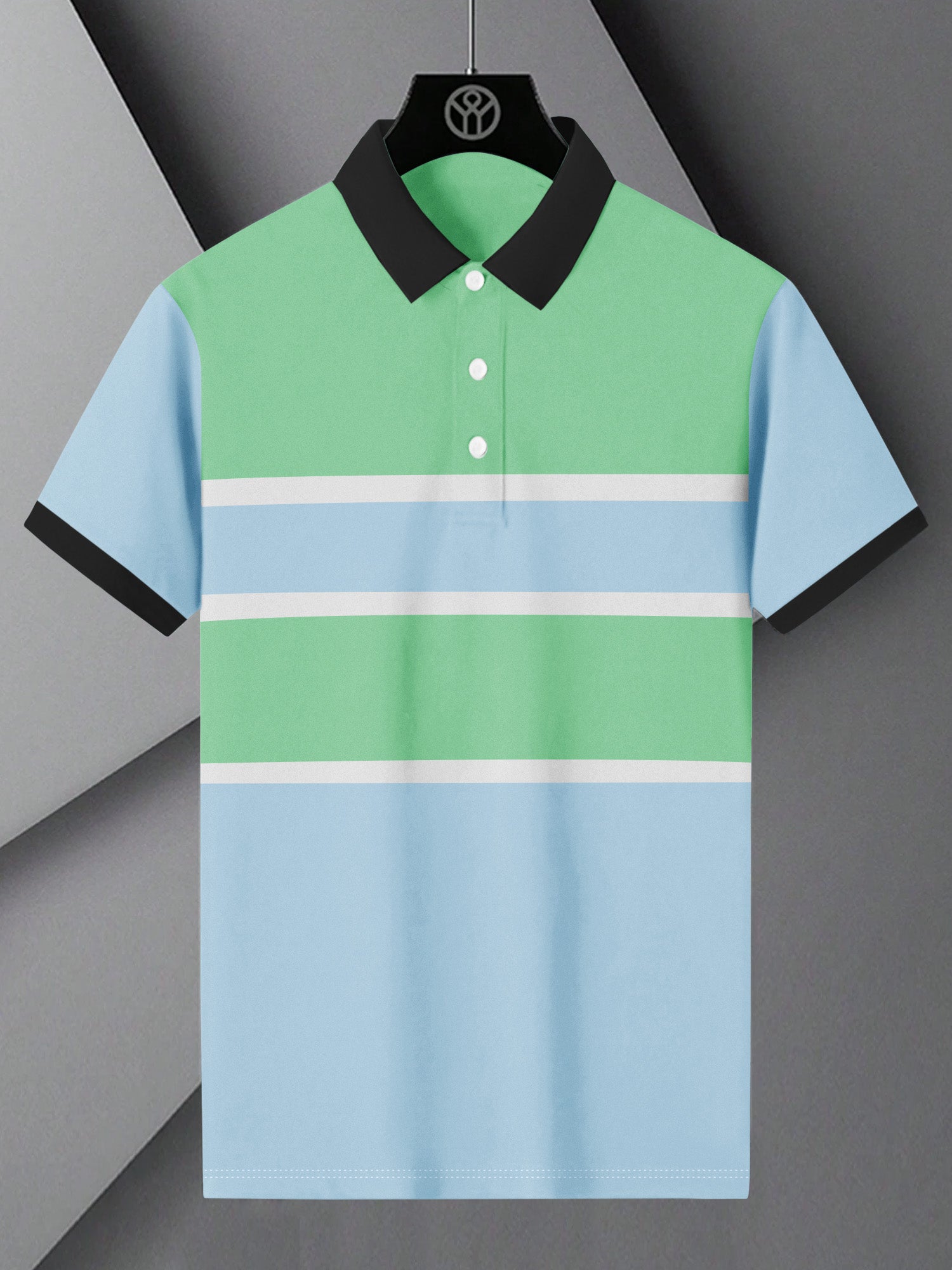 NXT Summer Polo Shirt For Men-Sky with White & Green Stripe-BE845