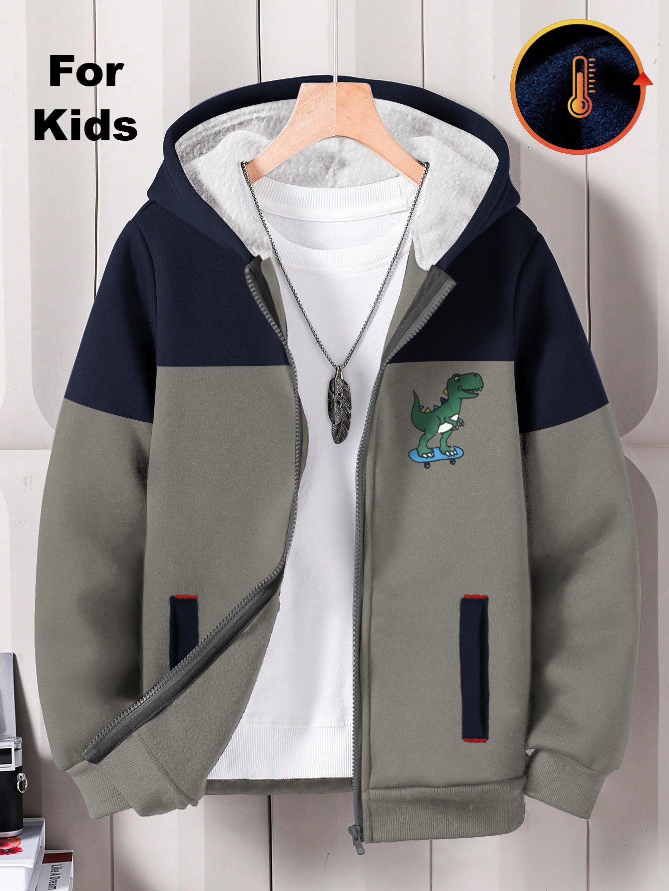 NXT Inner Fur Hood Fleece Full Zipper Hoodie For Kids-Slate Grey with Navy Panels-BE2423/BR14481