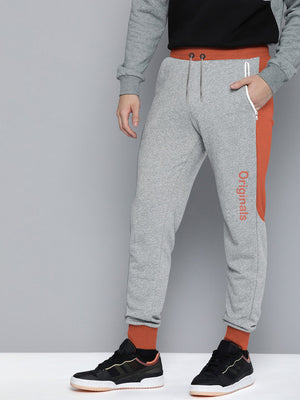 NXT Terry Fleece Jogger Sweatpant For Men-Grey Melange with Orange Panels-BE2682