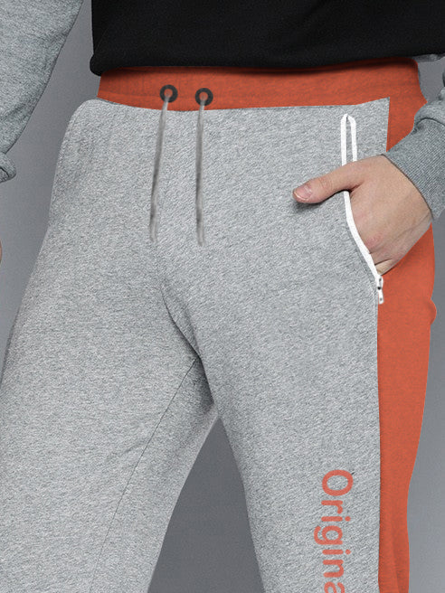 NXT Terry Fleece Jogger Sweatpant For Men-Grey Melange with Orange Panels-BE2682