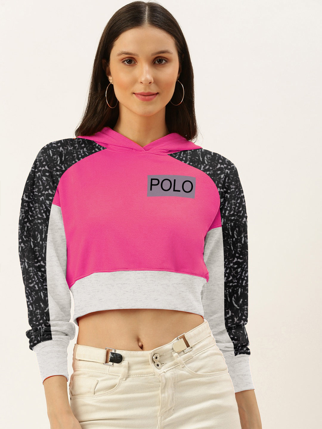 NYC Polo Fleece Short Length Pullover Hoodie For Ladies-Magenta with Grey Melange & Black-BE652