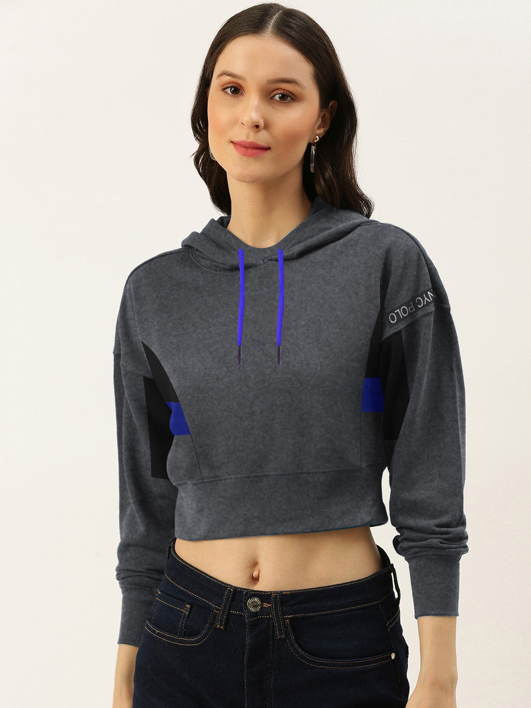 NYC Polo Fleece Short Pullover Hoodie For Ladies-Charcoal Melange-BE659
