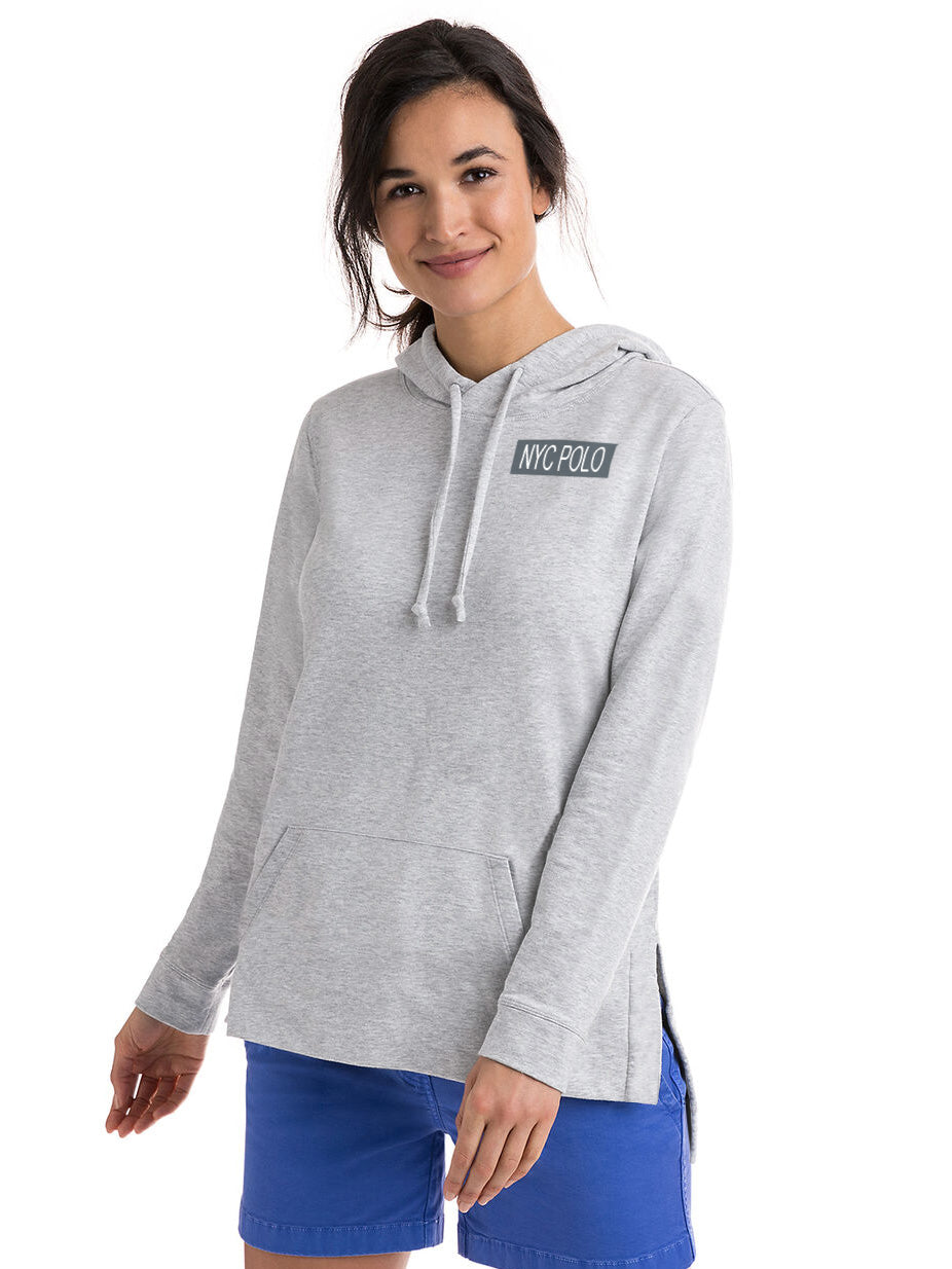 NYC Polo Terry Fleece Side Split Hoodie For Ladies-Grey Melange-BE593