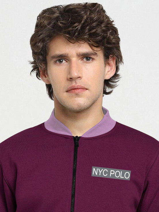 NYC Polo Terry Fleece Zipper Baseball Jacket For Men-Indigo with Light Purple-BE2773