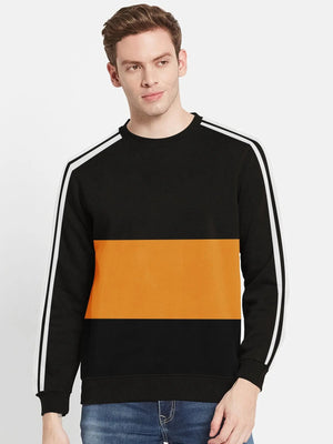 Premium Quality Crew Neck Fleece Sweatshirt For Men-Black with Orange Panel-BE23