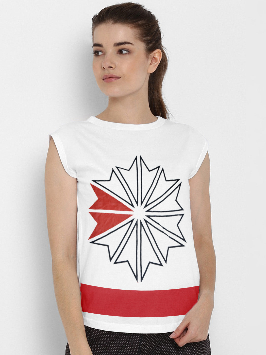 Next Crew Neck T Shirt For Women-White with Red Panel-BE1477