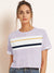 Next Crop T Shirt For Women-Light Purple Melange with White Stripy Panel-BE1482