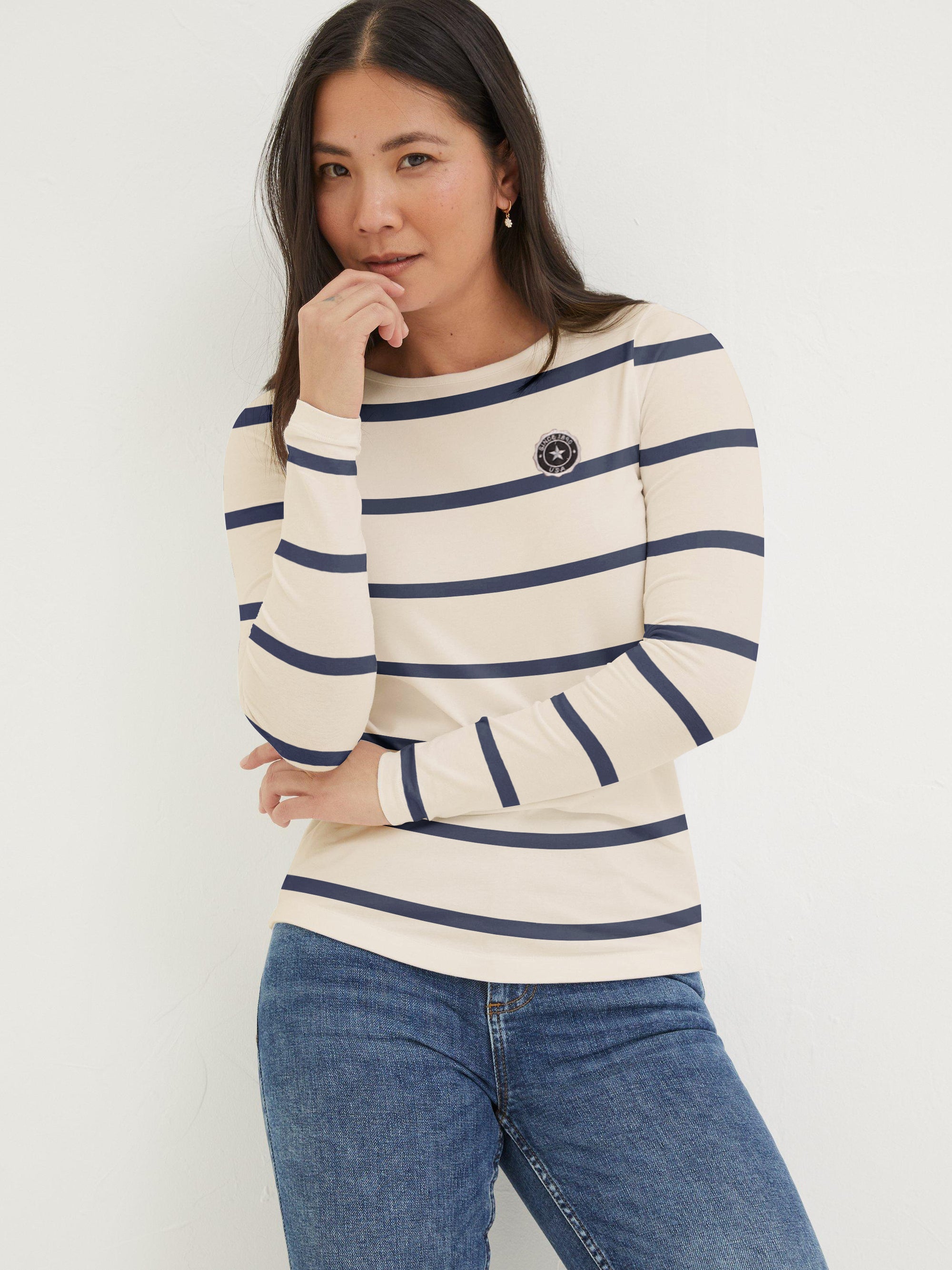 Next Long Sleeve Crew Neck Jersey Lycra Strech Blouse For Ladies-Off White With Navy Stripe-BE1049