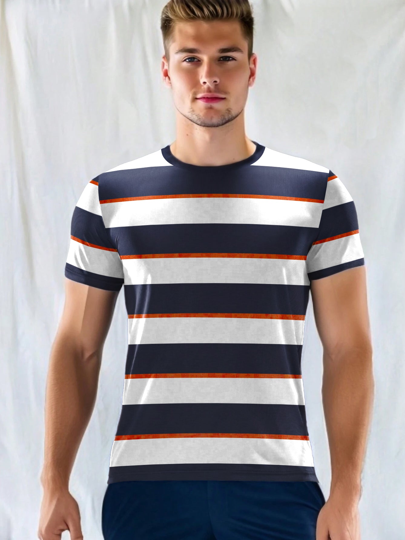 Nxt Single Jersey Crew Neck Tee Shirt For Men-White with Navy Stripe-BE959/BR13207