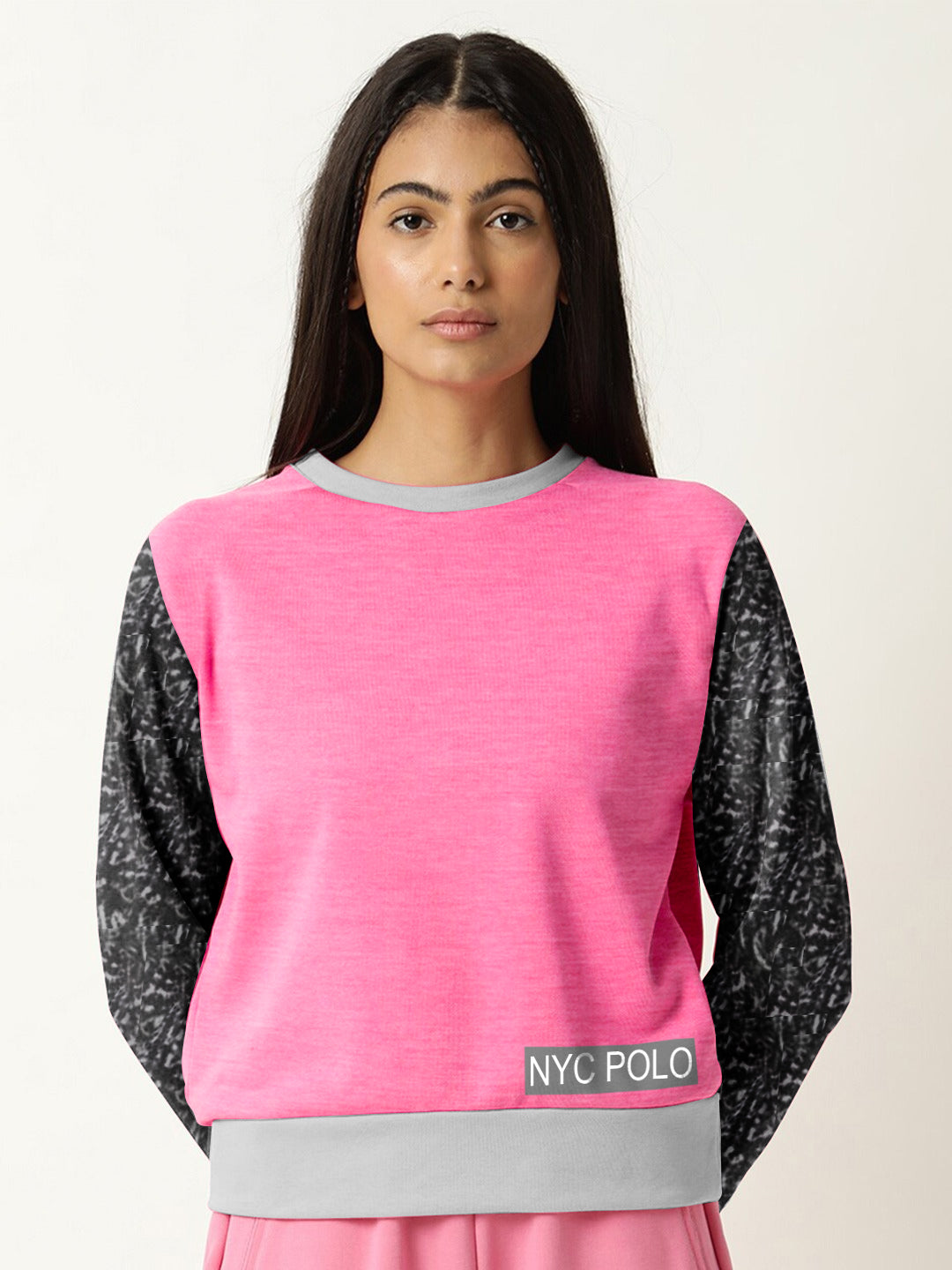 Nyc Polo Fleece Sweatshirt For Ladies-Pink Melange-BE624