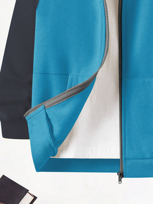 Nyc Polo Fleece Zipper Hoodie For Kids-Cyan Blue with Panels-BE2776