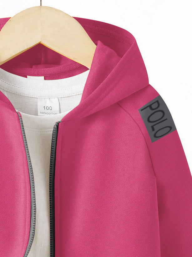 Nyc Polo Fleece Zipper Hoodie For Kids-Pink with Navy Panels-BE2777