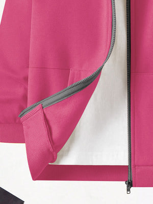 Nyc Polo Fleece Zipper Hoodie For Kids-Pink with Navy Panels-BE2777