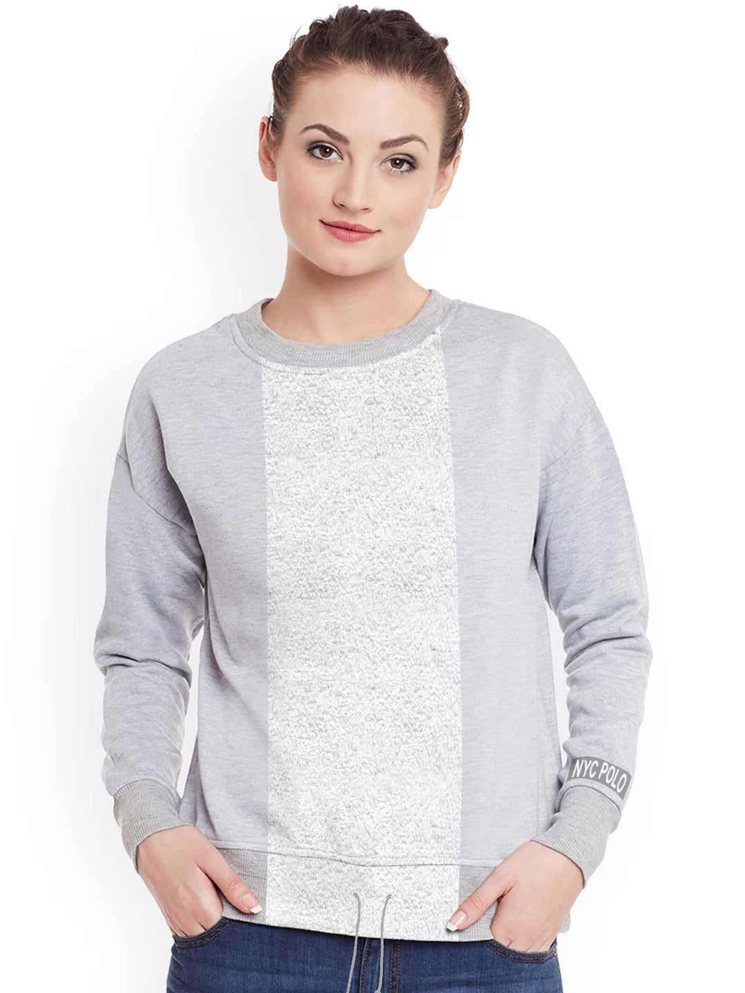 Nyc Polo Terry Fleece Lace Up Sweatshirt For Women-Grey Melange-BE656