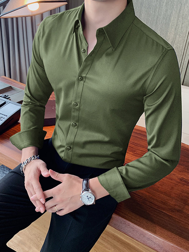 Louis Vicaci Super Stretchy Slim Fit Long Sleeve Summer Formal Casual Shirt For Men-Olive with Shine-SP2476