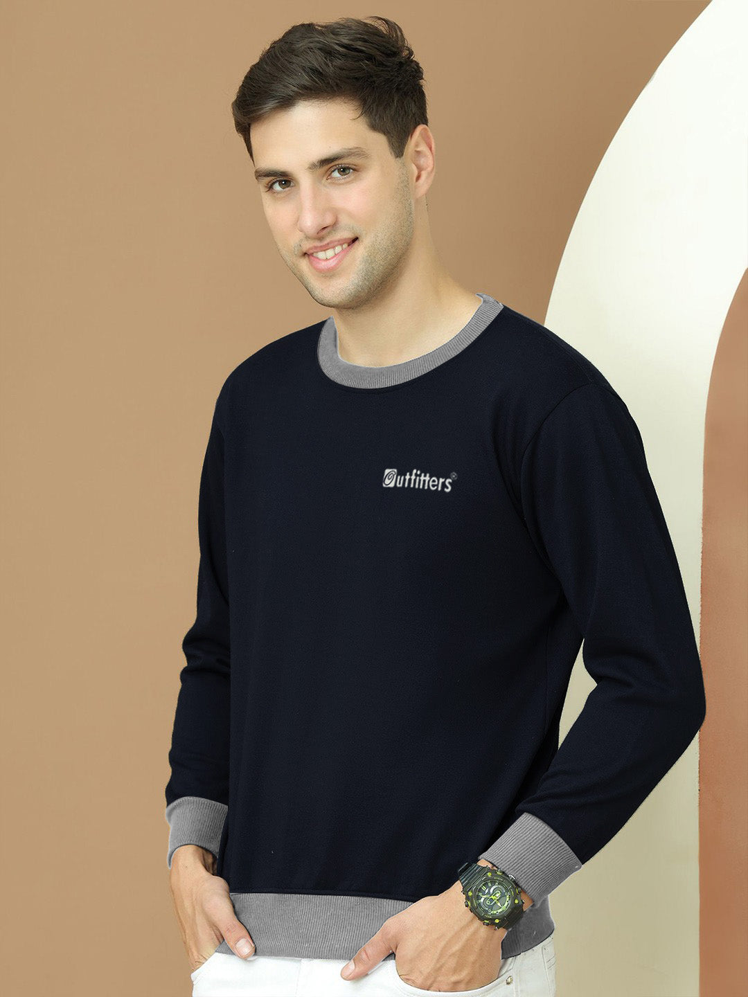 OTFR Fleece Funky Style Sweatshirt For Men-Dark Navy with Grey-BE2487