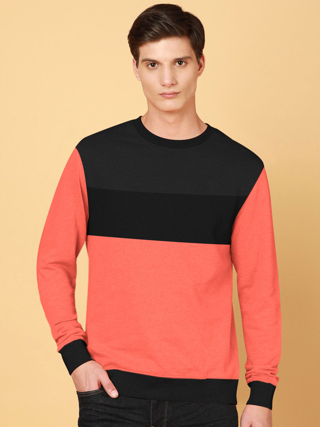 OXBOW Fleece Sweatshirt For Men-Coral Orange with Black Panels-BE2737