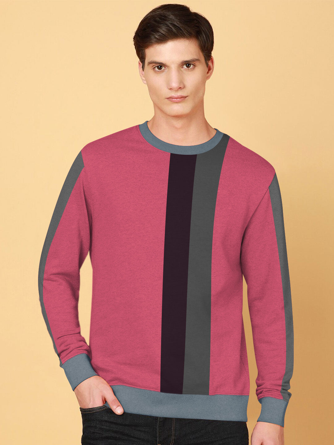 OXBOW Fleece Sweatshirt For Men-Dark Pink with Grey & Maroon Panels-BE2752