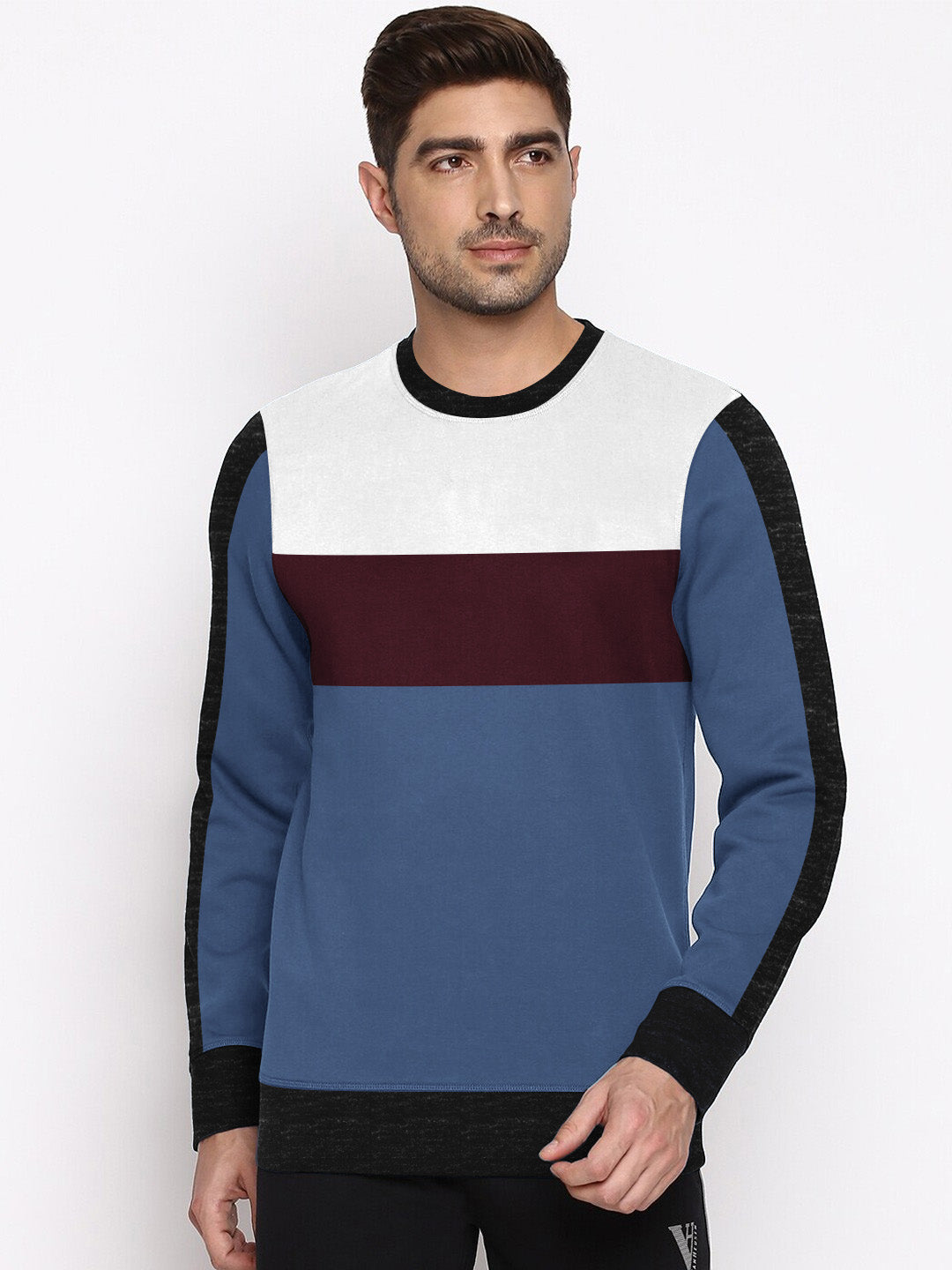 OXBOW Fleece Sweatshirt For Men-Slate Blue with White & Maroon Panels-BE2746