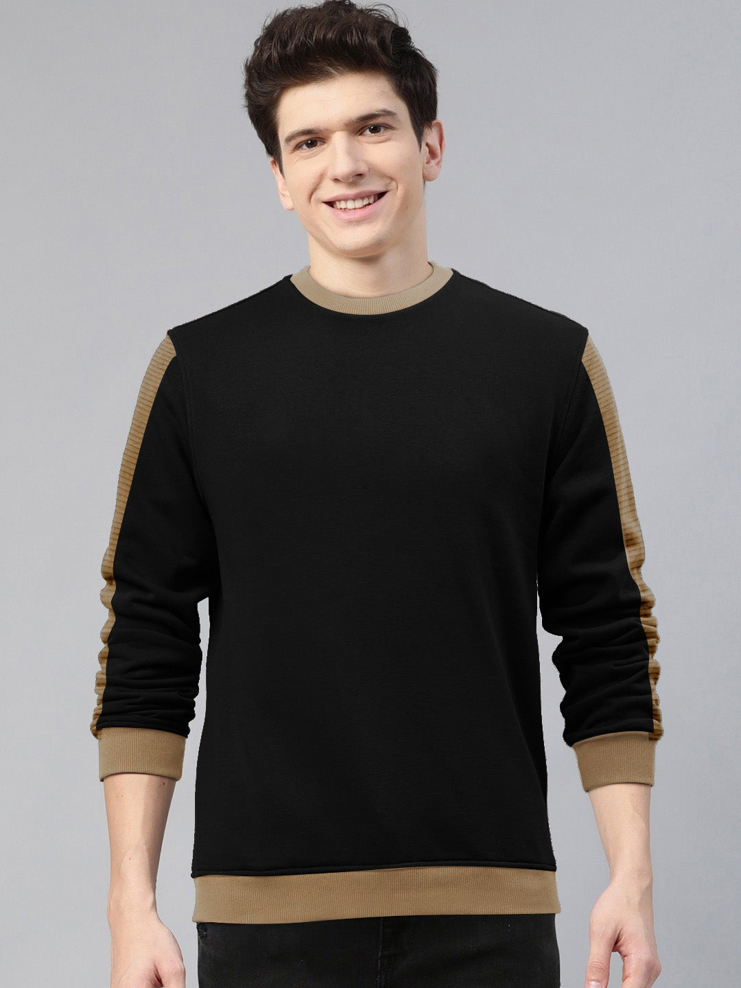 OXBOW Terry Fleece Sweatshirt For Men-Black with Camel Panels-BE2756