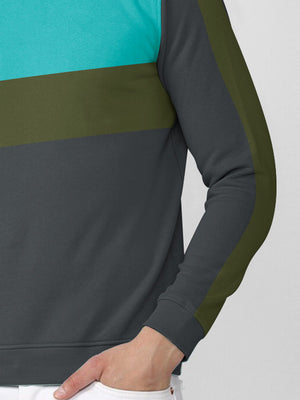 PYPR Fleec Sweatshirt For Men-Charcoal with Cyan & Olive Panels-BE2721