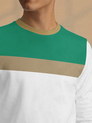 PYPR Fleec Sweatshirt For Men-White with Green & Camel Panels-BE2722