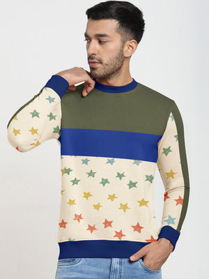 PYPR Fleece Sweatshirt For Men-Off White with Allover Stars & Panels-BE2727