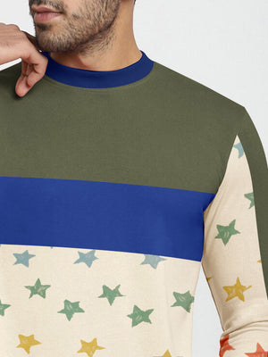 PYPR Fleece Sweatshirt For Men-Off White with Allover Stars & Panels-BE2727