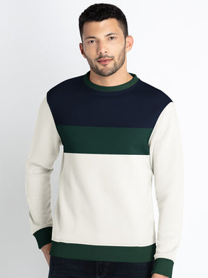 PYPR Fleece Sweatshirt For Men-Pale White with Green & Navy Panels-BE2754