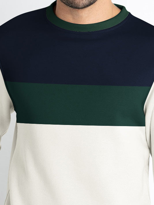 PYPR Fleece Sweatshirt For Men-Pale White with Green & Navy Panels-BE2754