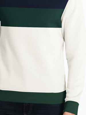 PYPR Fleece Sweatshirt For Men-Pale White with Green & Navy Panels-BE2754