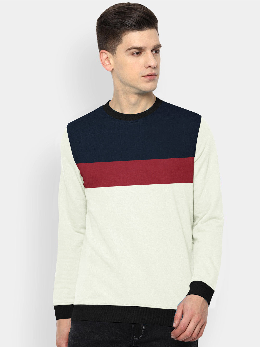 PYPR Fleece Sweatshirt For Men-Pale White wuth Navy & Red Panels-BE2724