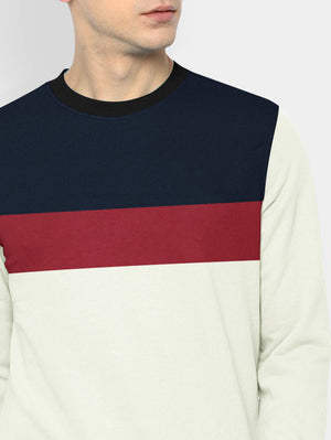 PYPR Fleece Sweatshirt For Men-Pale White wuth Navy & Red Panels-BE2724