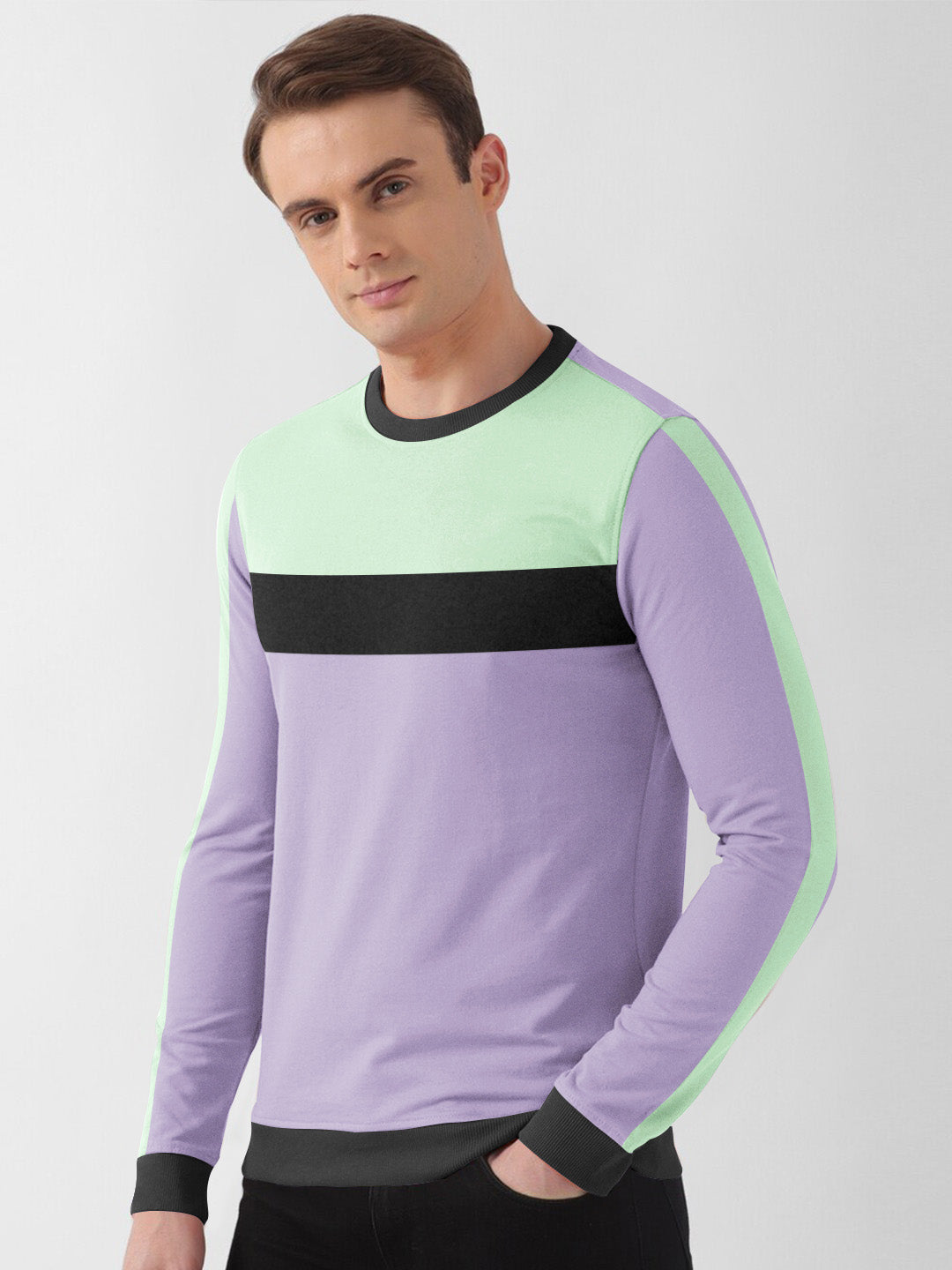 PYPR Fleece Sweatshirt For Men-Purple with Light Green & Charcoal Panels-BE2760