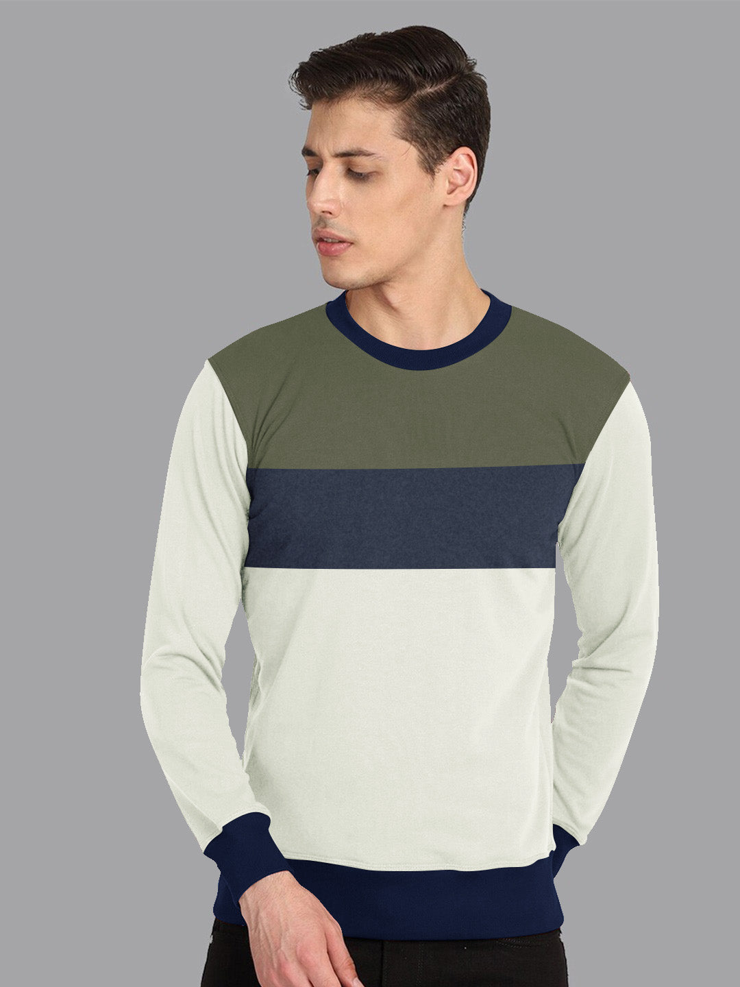 PYPR Fleece Sweatshirt For Men-Smoke White with Olive & Navy Panels-BE2729