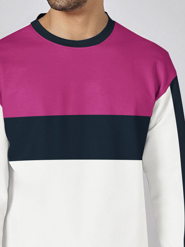 PYPR Fleece Sweatshirt For Men-White with Navy & Magenta Panels-BE2725