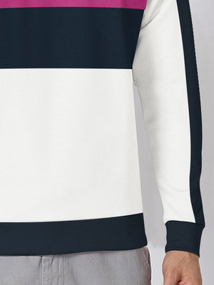 PYPR Fleece Sweatshirt For Men-White with Navy & Magenta Panels-BE2725