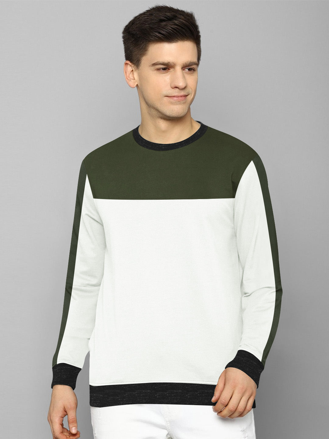 PYPR Fleece Sweatshirt For Men-White with Olive Panels-BE2744