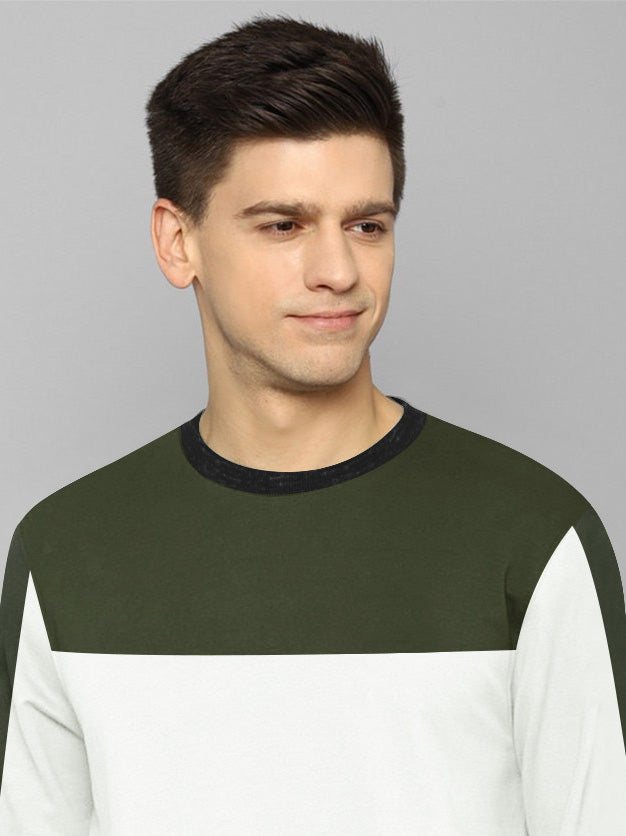 PYPR Fleece Sweatshirt For Men-White with Olive Panels-BE2744