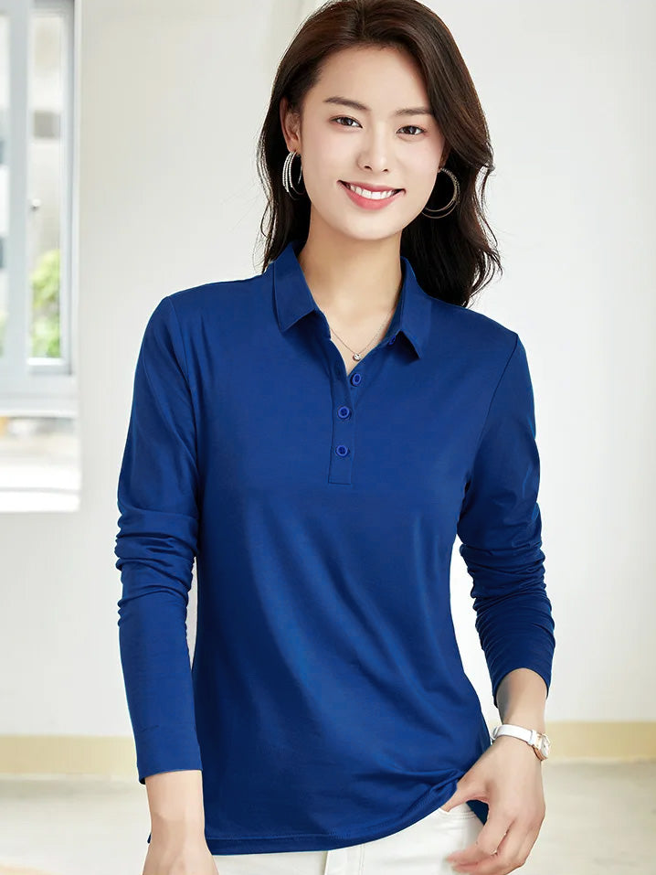 PYPR Summer Solid Long Sleeve Polo Shirt For Women-Dark Blue-BE1644/BR13875
