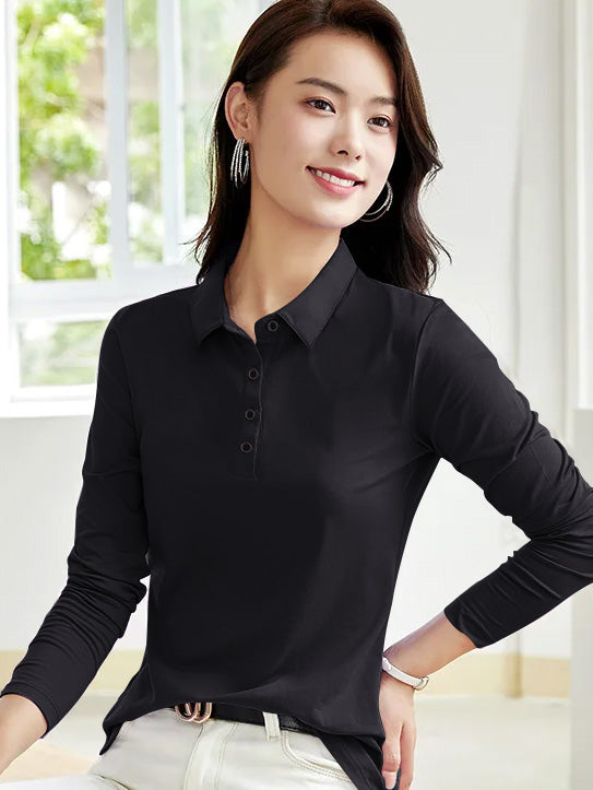 PYPR Summer Solid Long Sleeve Polo Shirt For Women-Dark Grey-BE1640/BR13871