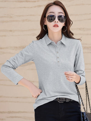 PYPR Summer Solid Long Sleeve Polo Shirt For Women-Grey Melange-BE1641/BR13872