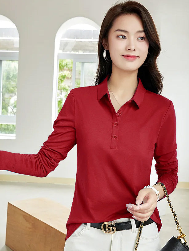 PYPR Summer Solid Long Sleeve Polo Shirt For Women-Red-BE1639/BR13870