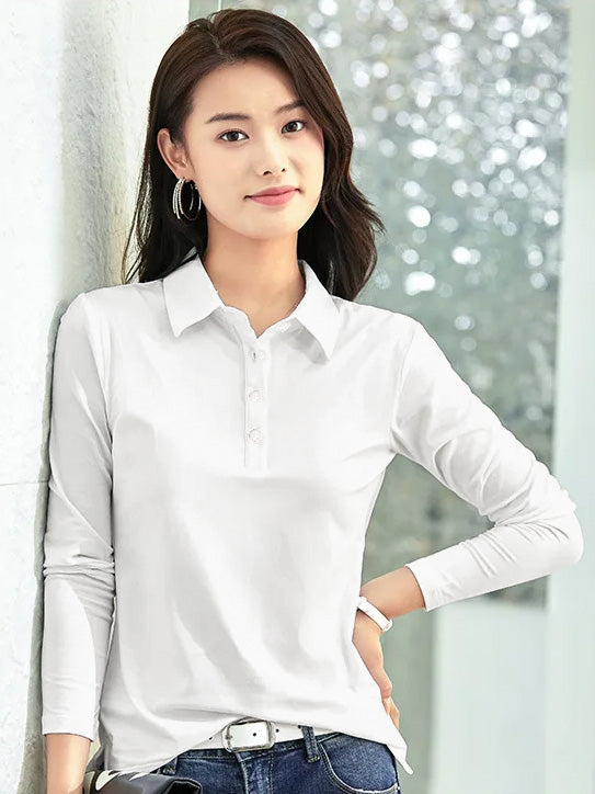 PYPR Summer Solid Long Sleeve Polo Shirt For Women-White-BE1645/BR13876