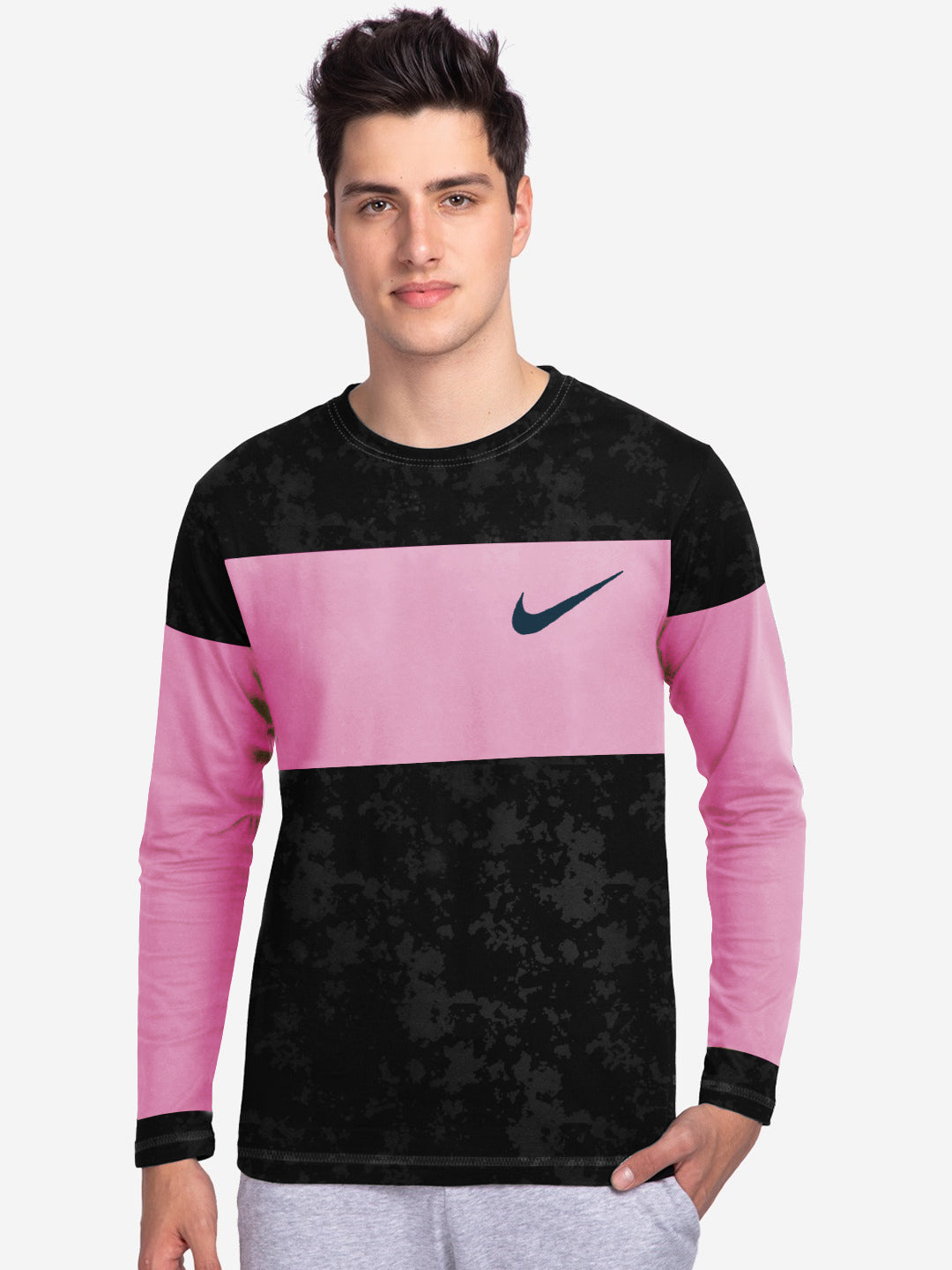 P&B Crew Neck Long Tee Shirt For Men-Black Faded with Pink Panel-SP2277