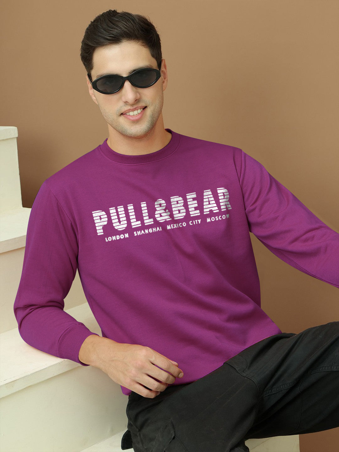 P&B Crew Neck Terry Fleece Sweatshirt For Men-Magenta-BE2866