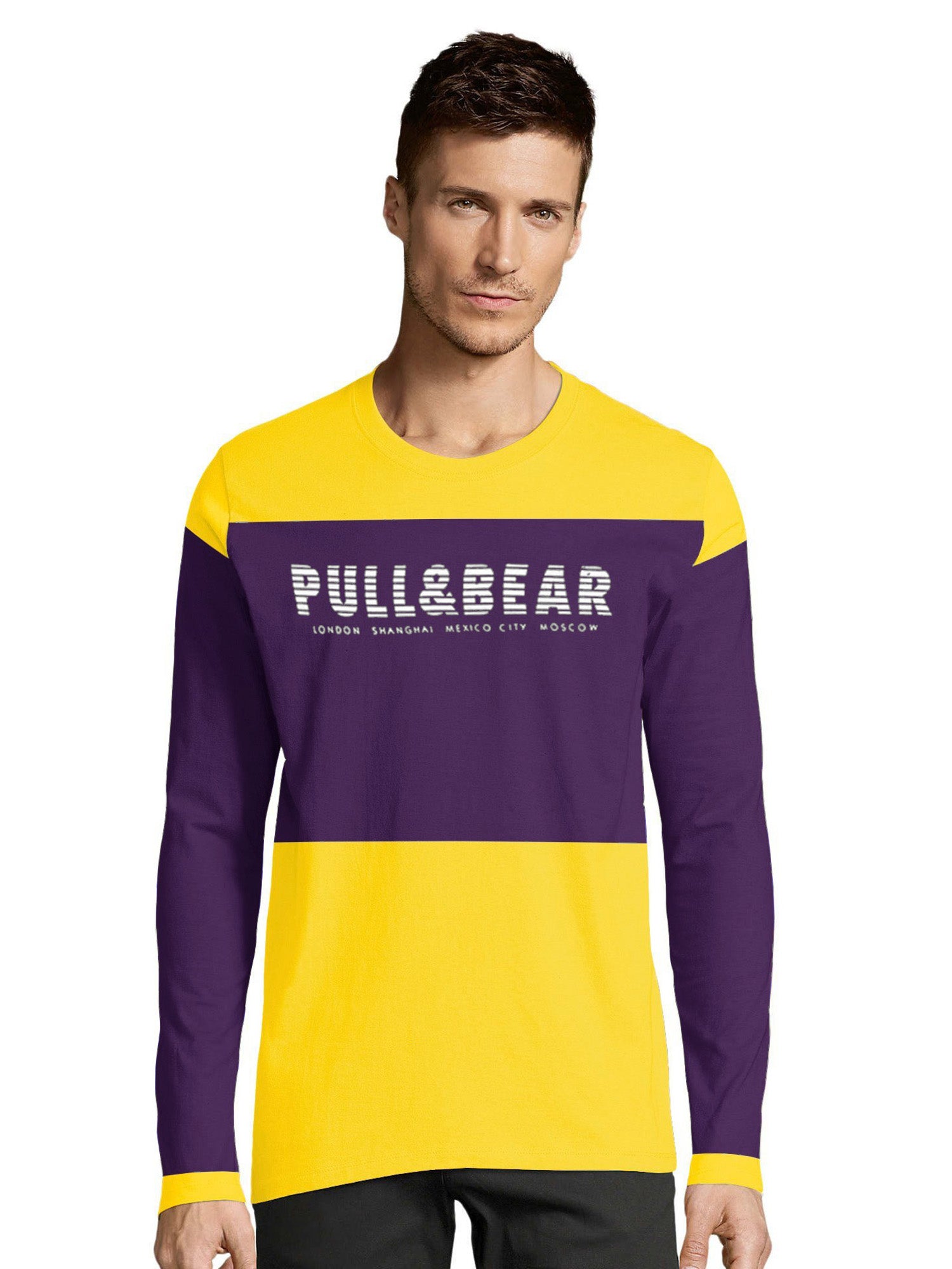 P&B Crew Neck Single Jersey Long Sleeve Tee Shirt For Men-Yellow with Magenta Panel-SP2209